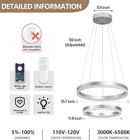 Modern Nickel Led Chandelier 2 Rings Dimmable LED Chandeliers with Remote Control Light Fixture for Kitchen Island Height Adjustable Chandelier Led Pendant Light for Living Room Dining Room