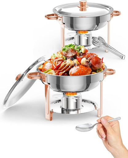 GarveeHome Chafing Dish for Buffet 2 Pack, 5 QT Round Chafing Dishes Buffet Set w/Lid Holder, Stainless Steel Chafers and Food Warmers with Spoon and Tweezers for Parties, Weddings, Events, Rose Gold
