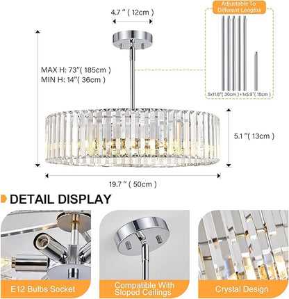 YURNYQ Chrome Crystal Ceiling Light Fixture, Modern Semi Flush Chandelier, Round Hanging Lighting Chandeliers for Dining Room, Kitchen, Bedroom, 6-Light, 19.68 Inch