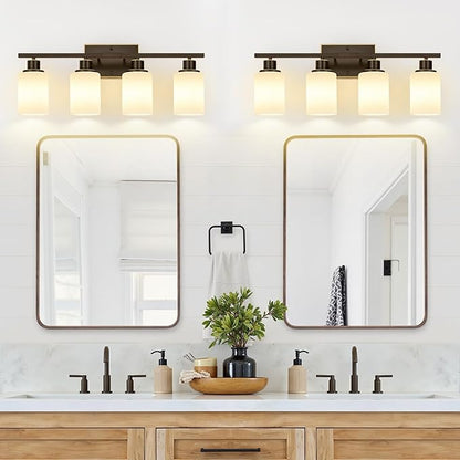 Indoi 4-Light Bathroom Light Fixtures, Brown and Gold Vanity Lights with Milk Glass Shades, Modern Bathroom Wall Lamp for Mirror Living Room Bedroom Porch