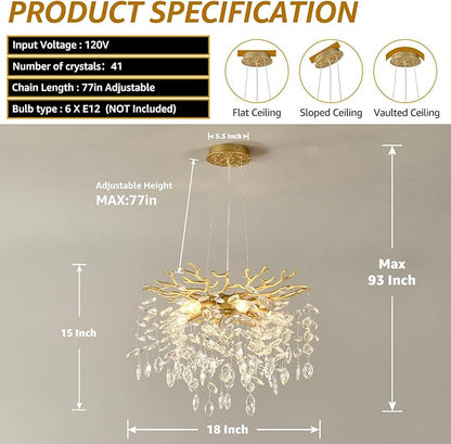 EGM Gold Tree Branch Crystal Chandelier 18-Inch, Crystal Chandelier for Dining Room 6-Light, Hanging Round Raindrop Chandeliers for Living Room E12