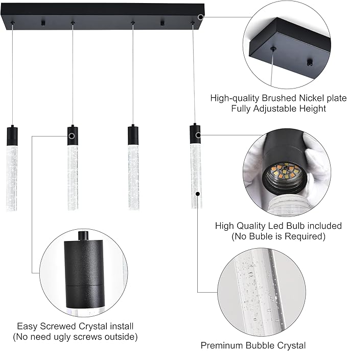 4 Light Pendant Lights Kitchen Island, Modern Matte Black Crystal Pendants with Dimmable 3000K-6000K LED Ceiling Hanging Light Fixture for Dining Room Bedroom, Adjustable Height 59"