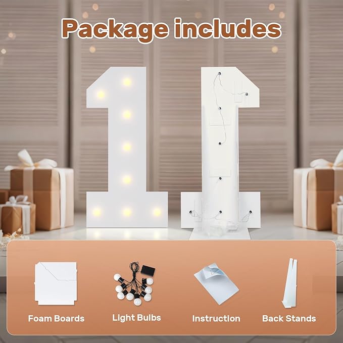 Bugame 3FT Light Up Letters, Quick 7-Min Setup No Edge Assembly Needed, Lightweight Foam Board Marquee Letters for Birthday Wedding Baby Shower Backdrop Decor, Letter &