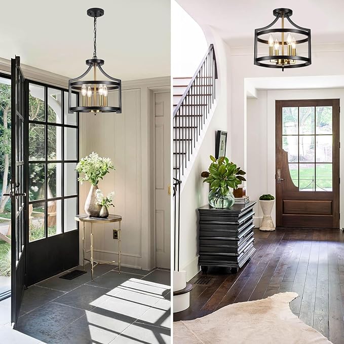HOXIYA Farmhouse Chandelier, Adjustable Height Pendant Light Fixture, Convertible Semi Flush Mount Ceiling Light, 4 Light Modern Black and Gold Chandeliers for Dining Room Kitchen Foyer Entryway