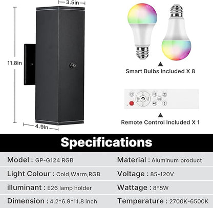 Outdoor Wall Lights 4 Pack, RGBCW Exterior Lighting Sconce,2700K-6500K Dimmable Smart Porch Lights Outdoor for House Patio Garage, Compatible with Alexa/Google Assistant, Bulb Included