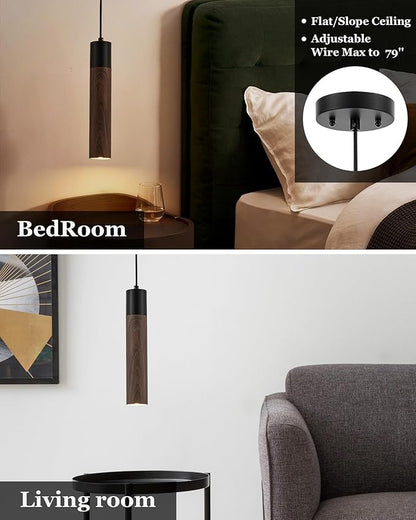 ELYONA Modern Pendant Light Fixtures, Walnut Wood Grain & Matte Black Metal, Industrial Cylinder Hanging Pendant Light for Kitchen Island Dining Room Bedroom Living Room, GU10 LED Bulb Included