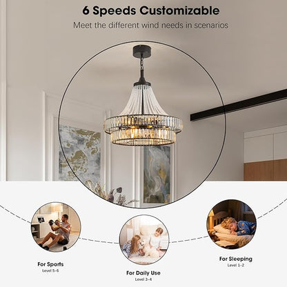 24“ Farmhouse Crystal Chandelier Ceiling Fan with Lights, Remote & App Control, 6-Speed Reversible Large Fandelier, Double Layer Design for Bedroom, Living Room (Black)