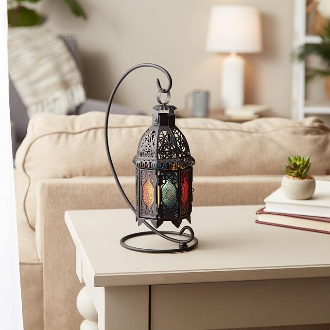 Zingz & Thingz Moroccan Style Candle Lantern Holder, Decorative Light Home Decor, Indoor & Outdoor, 13" Tall, Black with Rainbow Glass