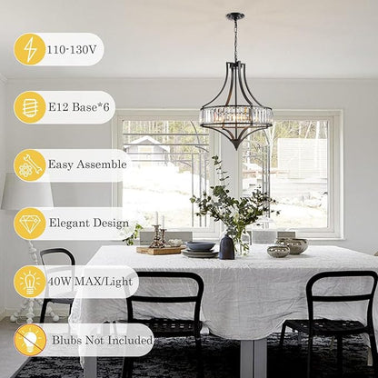 Black Crystal Dining Room Light Fixtures Over Table, Modern Farmhouse Chandelier Light Fixture, Round Large Hanging Light for Living Room Kitchen Hallway Bedroom Foyer, 21.6 Inch, 6-Light