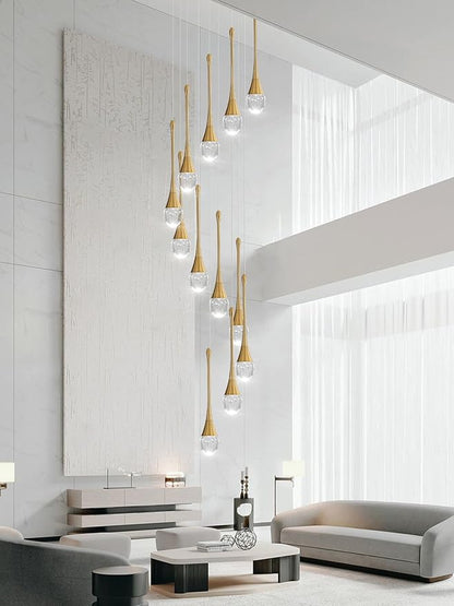 ykolupty 12-Lights Staircase Chandelier Gold Pendant Light Fixture for Sloped High Ceiling Raindrop Chandelier for Living Room Foyer Hallway Villa