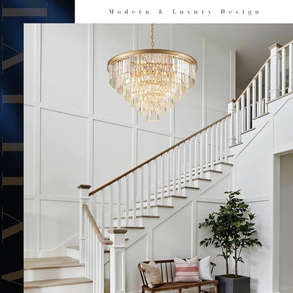 Modern Gold Crystal Chandeliers 35'' Large Chandeliers for High Ceiling Foyer K9 Crystal 6-Tier Luxury Chandelier 22-Light Round Ceiling Chandelier Light Fixtures for Staircase Entry Living Room