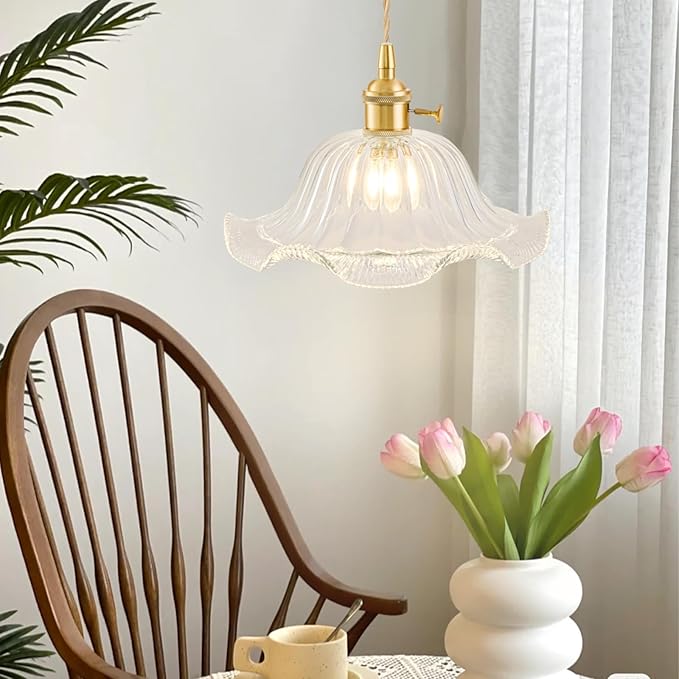Plug in Pendant Light Vintage 2 Pack, Adjustable Pulley Hanging Lamp with Clear Lily Glass Shade, Brass Hanging Lights with Plug in Cord, Gold Hanging Pendant Light for Bedroom Living Room Kitchen