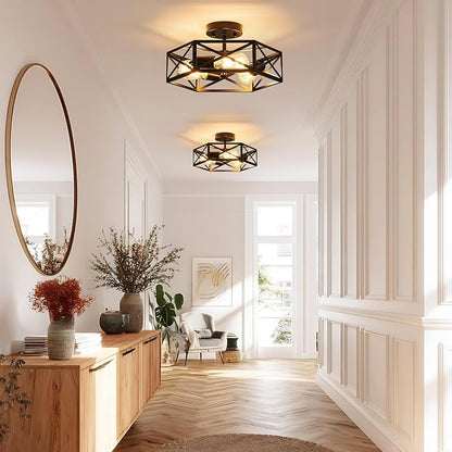 Modern Farmhouse Semi Flush Mount Ceiling Light,Industrial Black Ceiling Lighting Fixture,Hexagonal Close to Ceiling Lights for Kitchen, Hallway,Bedroom,Foyer,Dining,Laundry Room,14.6 Inch