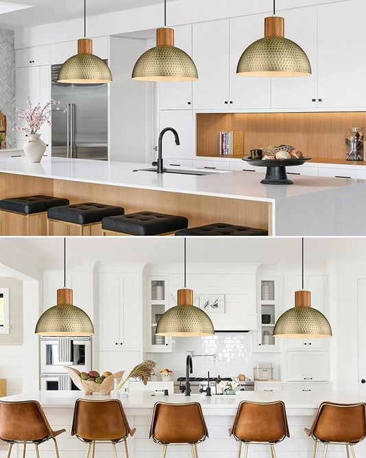ELYONA Vintage Pendant Light Fixtures, 12” Brushed Brass Hammered Metal & Rubber Wood Industrial Dome Hanging Lamp, Antique Gold Kitchen Pendant Light for Island, Farmhouse, Sink, Dining Room, Hallway