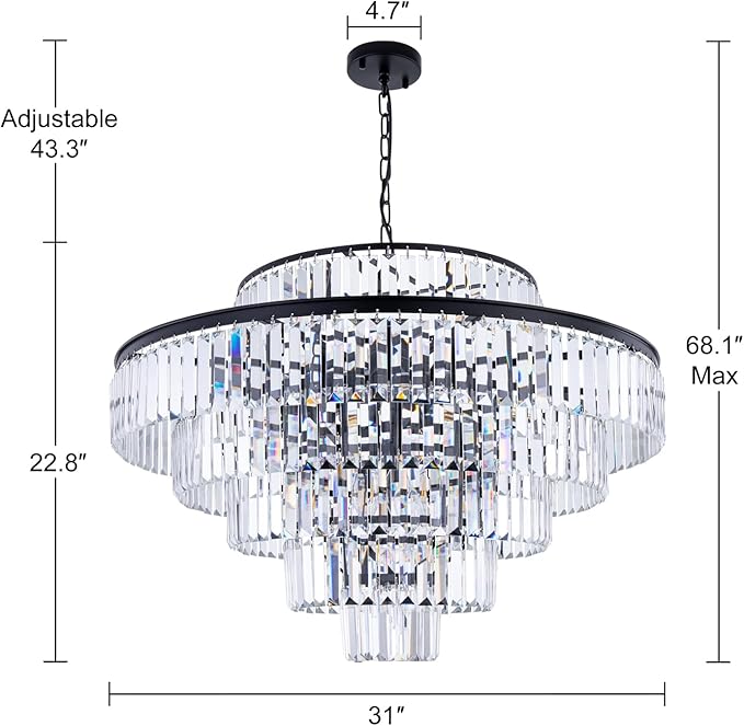Wellmet Crystal Chandelier, 6-Tier Large Luxury Crystal Chandelier, 31'' Black Crystal Pendant Light for Living Room, Dining Room, Bedroom, Entryway, Hallway, Corridor,
