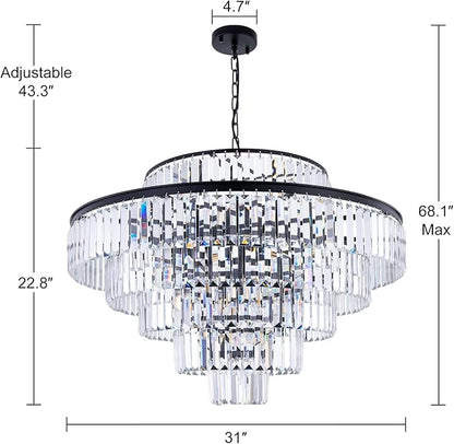 Wellmet Crystal Chandelier, 6-Tier Large Luxury Crystal Chandelier, 31'' Black Crystal Pendant Light for Living Room, Dining Room, Bedroom, Entryway, Hallway, Corridor,