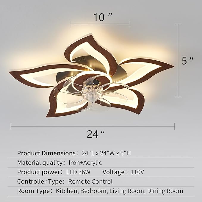 Flower Modern Ceiling Fans with Lights, Low Profile Ceiling Fan with Remote for bedroom, Flush Mount Ceiling Fan with LED Dimmable Light,3-Colors, 6-Speeds, Timing CeilingFans Light, Walnutcolor