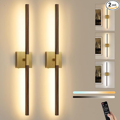 Rayogale 40 Inch Rechargeable Battery Operated Wall Sconce Set 2, 8000mAh Cordless, 3000K/4500K/6000K, Dimmable, Remote, Touch Control, 360° Rotation for Living Room Gold Walnut 2 Pack