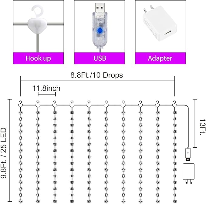 16 Colors Changing Curtain Lights - 250 LED 9.8 X 8.8 FT Fairy String, 7 Modes Twinkle with Remote, Backdrop Wall Hanging Dripping for Bedroom Backyard Halloween Christmas Decor