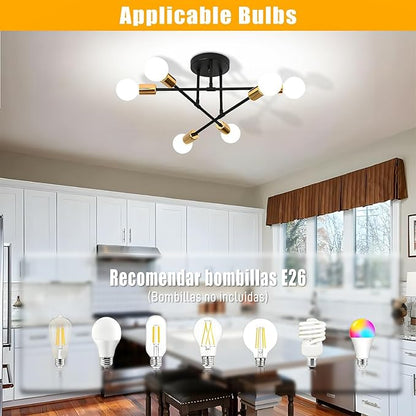 SPOLI Sputnik Ceiling Light Fixture, Dining Room Chandelier, Modern 6-Light Black and Gold Industrial Pendant Semi Flush Mount for Kitchen Living Bedroom, E26 Base, Bulbs Not Included