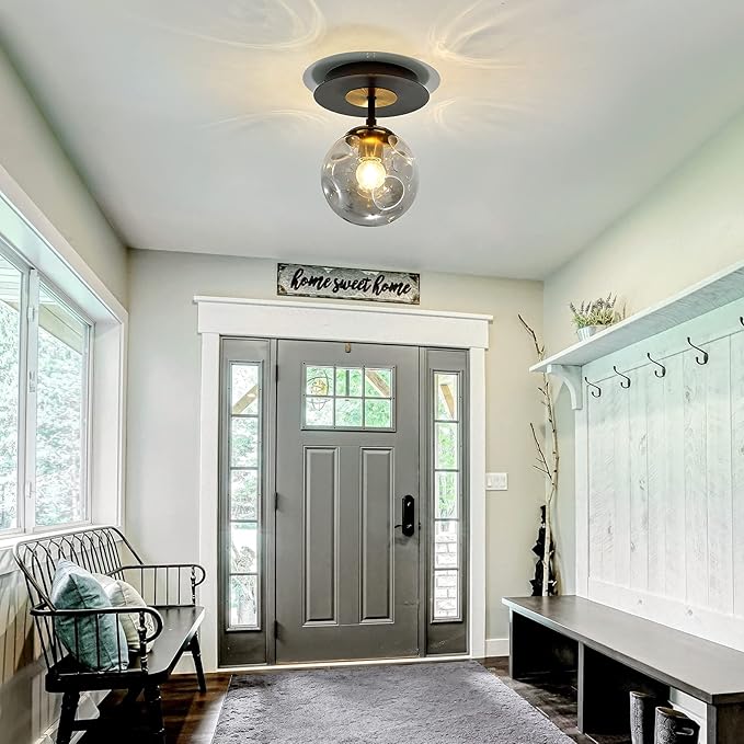 1-Light Mini Glass Globe Ceiling Light,Modern Semi Flush Mount Light Fixture,Black Ceiling Light for Hallway Aisle Porch Stairway Closet.
