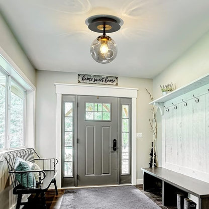 1-Light Mini Glass Globe Ceiling Light,Modern Semi Flush Mount Light Fixture,Black Ceiling Light for Hallway Aisle Porch Stairway Closet.