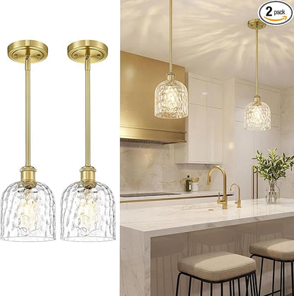 zeyu Vintage Glass Hanging Lights 2 Pack, Kitchen Pendant Lights, Ceiling Hanging Light Fixtures with Clear Hammered Glass, Brushed Gold Finish, ZJF63MIL-L-2PK BG