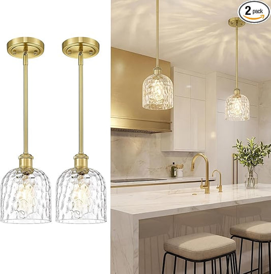 zeyu Vintage Glass Hanging Lights 2 Pack, Kitchen Pendant Lights, Ceiling Hanging Light Fixtures with Clear Hammered Glass, Brushed Gold Finish, ZJF63MIL-L-2PK BG