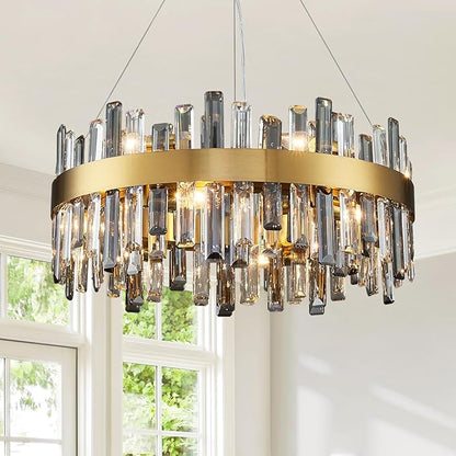 Siljoy Modern Crystal Chandeliers, 12 Lights Brass Gold Raindrop Crystal Chandelier, Adjustable Dimmable Crystal Pendant Light Fixture for Dining Room Living Room Kitchen Island D23.6''
