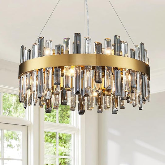 Siljoy Modern Crystal Chandeliers, 12 Lights Brass Gold Raindrop Crystal Chandelier, Adjustable Dimmable Crystal Pendant Light Fixture for Dining Room Living Room Kitchen Island D23.6''