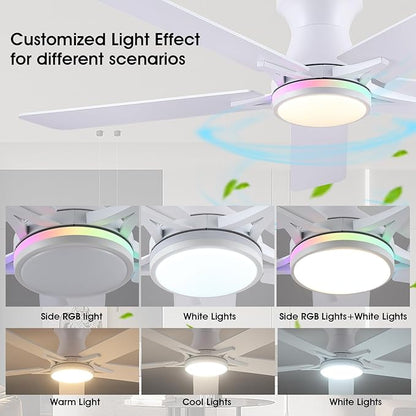 Low Profile RGB Ceiling Fans with Lights and Remote,52" White Flush Mount Ceiling Fans with Quiet Reversible DC Motor, Dimmable LED Ceiling Fan Light with 3 Colors 6 Speeds
