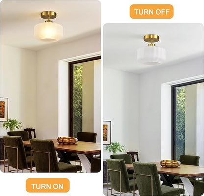 Industrial Gold Matte Light Fixtures Ceiling Mount, with Frosted Glass Shades Semi Flush Mount Ceiling Light, for Hallway Fixtures Kitchen, Foyer