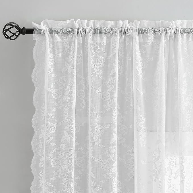 FINECITY White Lace Curtains 63 Inch Length for Bedroom, Rustic Leaf Floral Design Lace Curtain Panels, Rod Pocket Farmhouse Privacy Sheer Lace Curtains, 42 x 63 Inch, 2 Panels, White