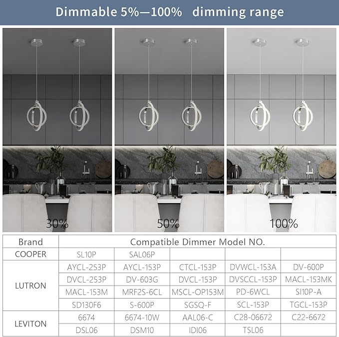 Modern LED Chandelier Chrome Ring Pendant Light Fixtures 4000K Dimmable Height Adjustable Pendant Lighting for Dining Room Kitchen Island Bedroom Living Room Foyer（2-Pack）…