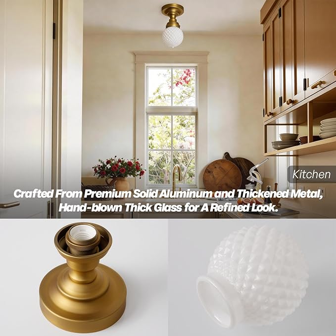 Vintage Close to Ceiling Light Fixtures Brass Gold Semi Flush Mount Ceiling Light Globe Milky White Glass Hallway Ceiling Light for Laundry Entryway Kitchen Bathroom Bedroom E26