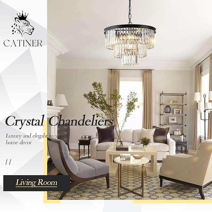 CATINER Black Crystal Chandeliers, 20” Modern Chandeliers for Dining Room 3 Tiers 7 Lights Luxury K9 Crystal Ceiling Pendant Round Light Fixture for Foyer Kitchen Bedroom Closet