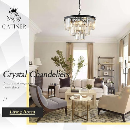 CATINER Black Crystal Chandeliers, 20” Modern Chandeliers for Dining Room 3 Tiers 7 Lights Luxury K9 Crystal Ceiling Pendant Round Light Fixture for Foyer Kitchen Bedroom Closet