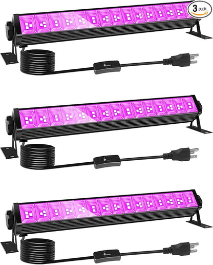 3 Pack 42W LED Black Light Bar, Blacklight Flood Light with Plug & Switch & 5.9ft Power Cord, Each Light Up 24x24ft Area, for Glow Fluorescent Party Bedroom Game Room Body Paint Stage