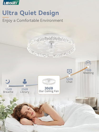 LEDIARY 20 Inch Low Profile Ceiling Fans with Lights and Remote, Fandelier Ceiling Fan Flush Mount, 3000K-6000K Dimmable LED Fan Light, White Modern Ceiling Fans with Lights for Bedroom