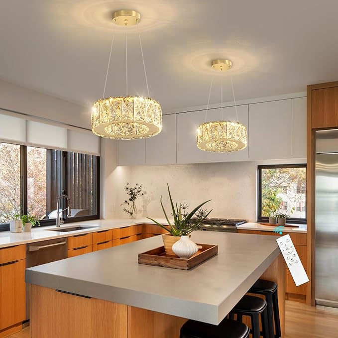 Modern Crystal Chandelier 8W Dimmable LED Crystal Pendant Light Fixtures Height Adjustable Round Gold Chandeliers for Dining Room Hallway Bedroom
