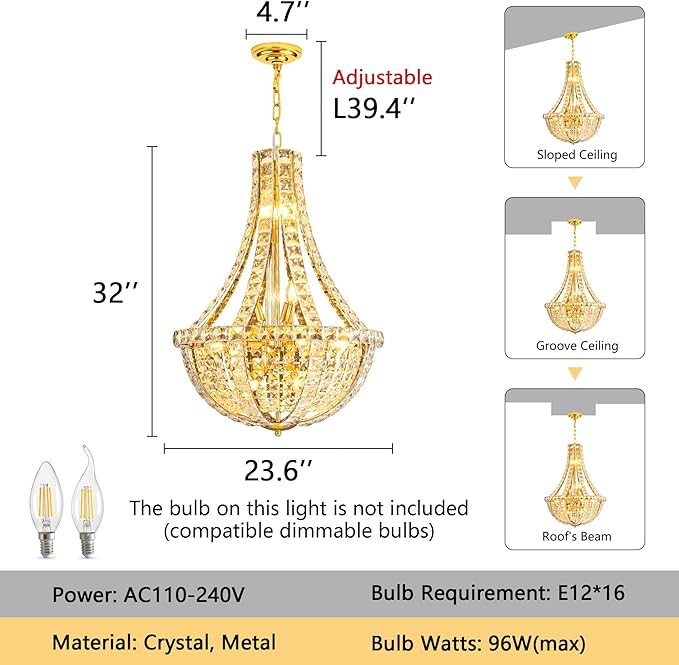 Empire Chandeliers Glam Crystal Chandelier for Living Room K9 Crystal Lighting Fixture for Dining Room Hallway Gold Light