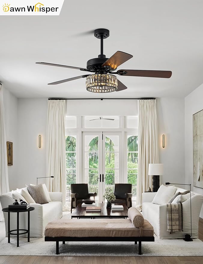 Dawn Whisper 52 Inch Black Chandelier Ceiling Fans Quiet and Reversible DC Motor Modern Ceiling Fans with Lights for Bedroom Living Room