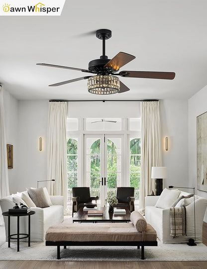 Dawn Whisper 52 Inch Black Chandelier Ceiling Fans Quiet and Reversible DC Motor Modern Ceiling Fans with Lights for Bedroom Living Room