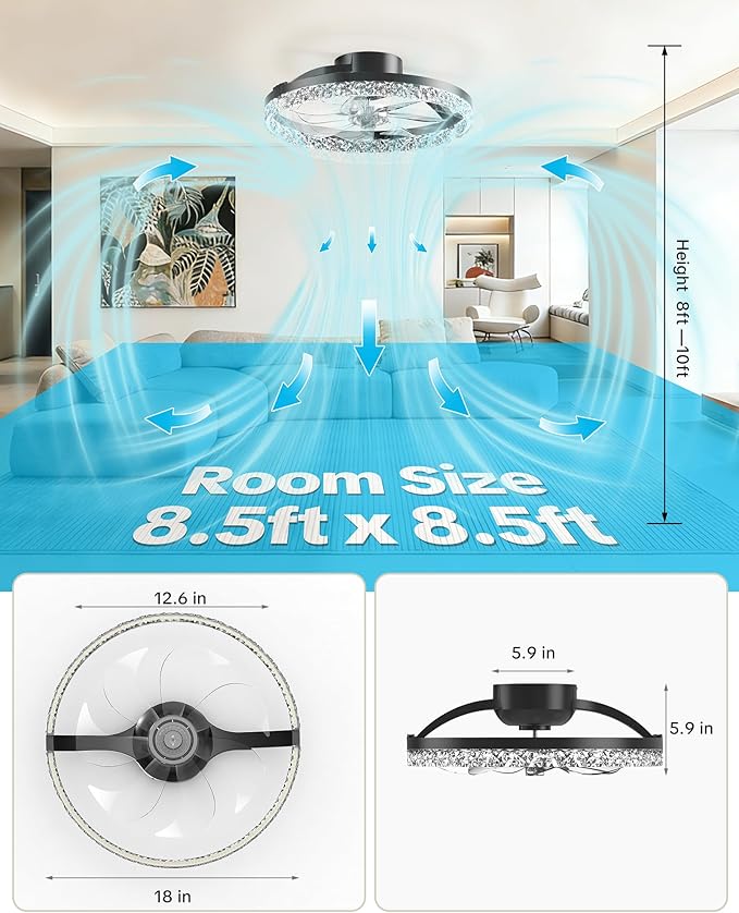 Ceiling Fans with Lights and Remote Low Profile Flush Mount LED Ceiling Fan with Lights 3000K-6500K Dimmable Foldable Fandelier Light 6 Wind Speeds Night Light for Bedroom Living Room Black