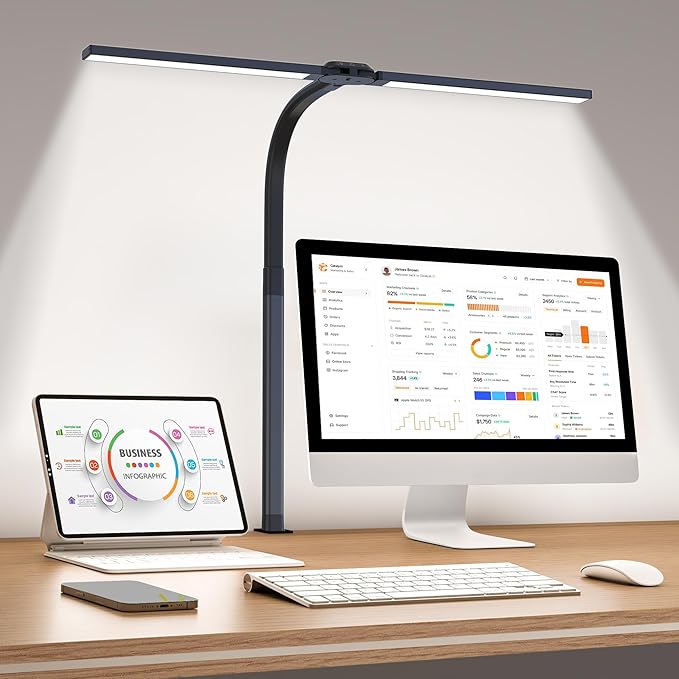 LED Desk Lamp for Home Office, Eye-Caring Desk Light with Clamp, 24W Double Head Architect Task Lamp Stepless Dimming, Flexible Gooseneck Bright Table Lamp for Study Reading Workbench Drafting