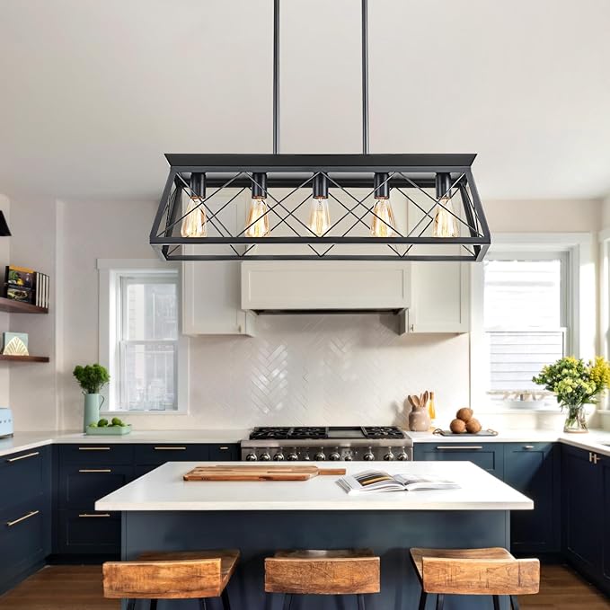 5-Light Farmhouse Pendant Light for Dining Room, Rustic Kitchen Island Lighting, Adjustable Height Chandeliers for Kitchen, Dining Room Table Black