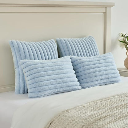 FUTEI Pack of 2 Solid Faux Fur Plush Throw Pillow Covers 18x18 Inch Soft Fluffy Striped Decorative Cushion Cases Modern Farmhouse Accent for Couch Bed Living Room, Light Blue