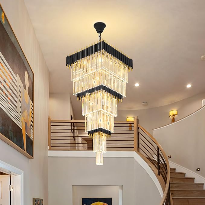 W24 x H80 Large Black Gold Chandeliers for High Ceiling, 15-Light Square Tiered K9 Crystal Raindrop Chandelier, Adjustable Height Luxury Pendant Light for Staircase, Villa Foyer, Entryway