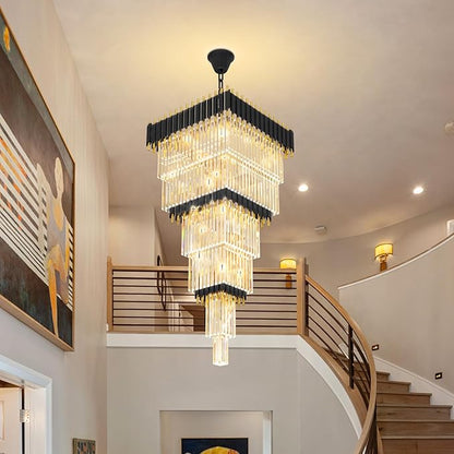 W24 x H80 Large Black Gold Chandeliers for High Ceiling, 15-Light Square Tiered K9 Crystal Raindrop Chandelier, Adjustable Height Luxury Pendant Light for Staircase, Villa Foyer, Entryway