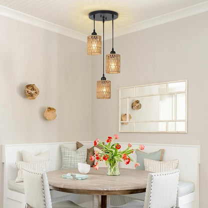 LAMSU 3 Lights Rattan Pendant Light, Farmhouse Dining Room Light Fixtures Ceiling Hanging, Boho Pendant Lighting with Hand Woven Wicker Shades for Kitchen Island Living Room Bedroom Foyer Hallway